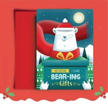 I come bear-ing gifts Christmas Card. A cute white bear holding a gift for Christmas 