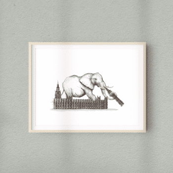 White Elephant in Westminster print - The print features an elephant over the Houses of Parliament with Big Ben in his trunk.