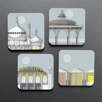 The Brighton Sun Coaster Set of four includes 4 coasters featuring some of Brighton’s most recognisable landmarks: Royal Pavilion, Bandstand, Palace Pier and Beach Huts.