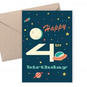 4th Birthday Card - Space theme. stars and spaceships on a blue background