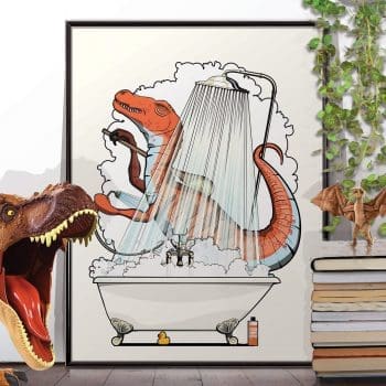 Dinosaur Velociraptor taking a Shower in the Bathtub