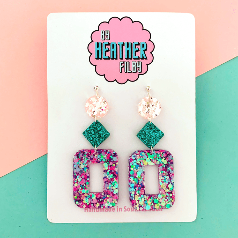 Lilac Turquoise and Pink Glitter Resin Earrings