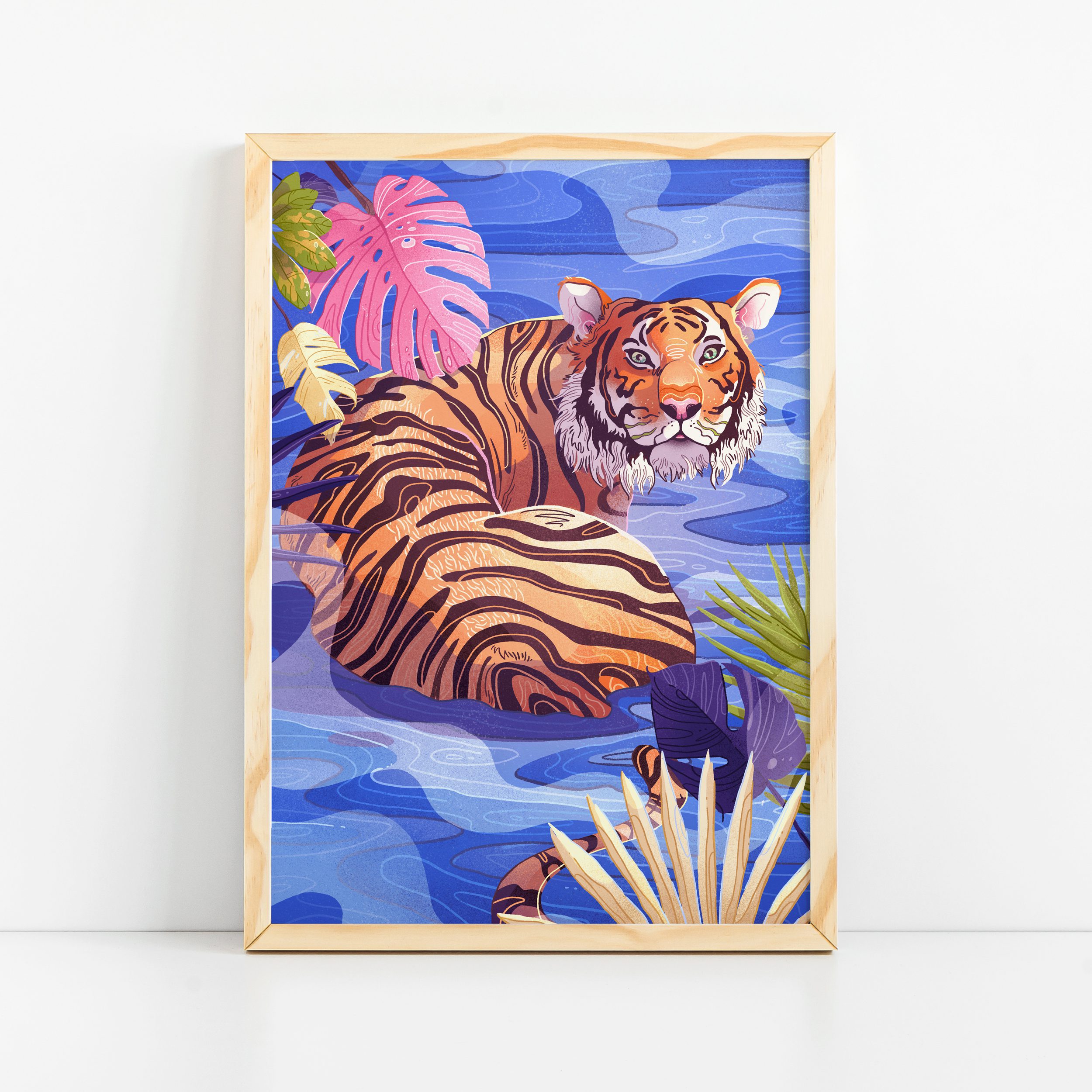 Water Tiger, Jungle Tiger Art Print, Cute Animal Illustration, Wild