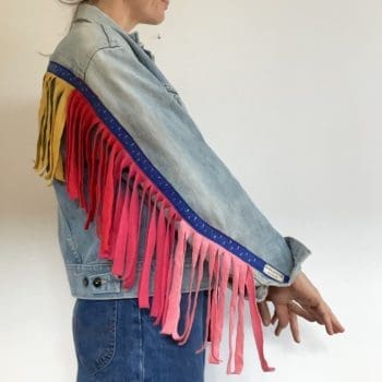 Vintage denim jacket with recycled rainbow tassels