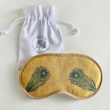 Curry Yellow Linen Lavender Infused Eye Mask with peacock feathers motif