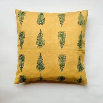 Ochre Yellow Small Peacock Feather linen cushion cover
