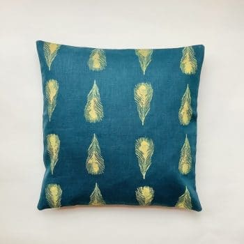 Teal Small Peacock Feathers linen cushion