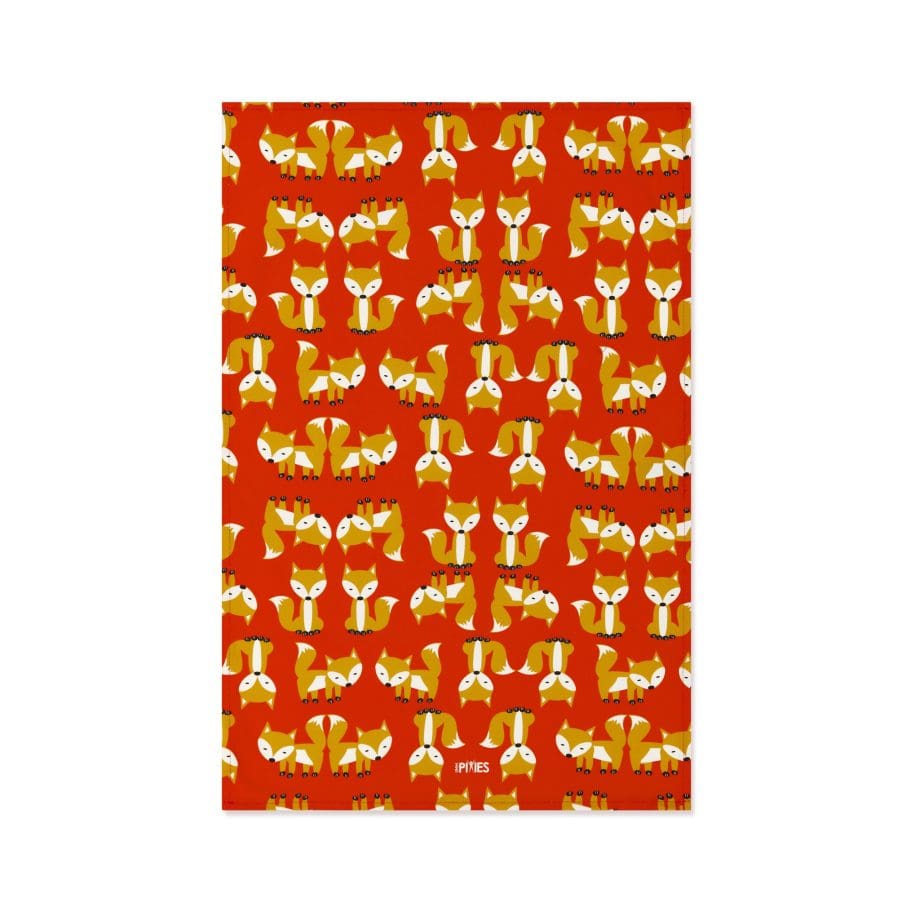 Foxes on Parade red organic cotton tea towel