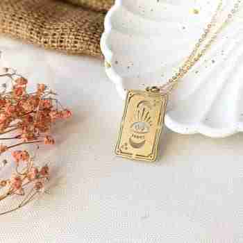 Deniz – Brass Tarot Card Charm on 24kt Gold Plated Chain Necklace