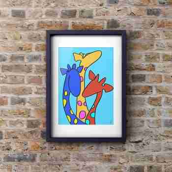 The Colourful Giraffes Art Print in a mounted black frame