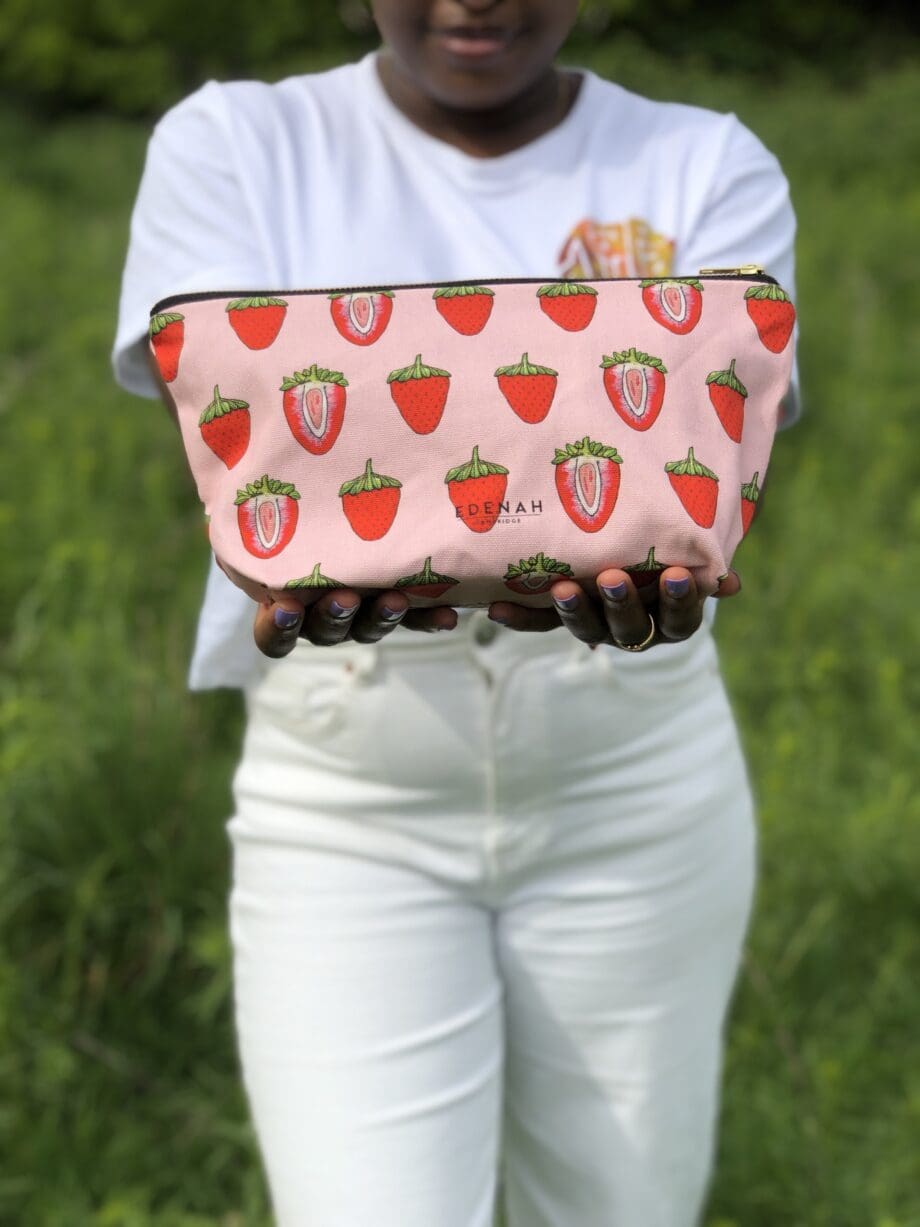 Large Hand Drawn Pink Strawberry Printed Cosmetic Bag