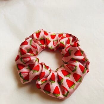 Pink silk strawberry printed scrunchie