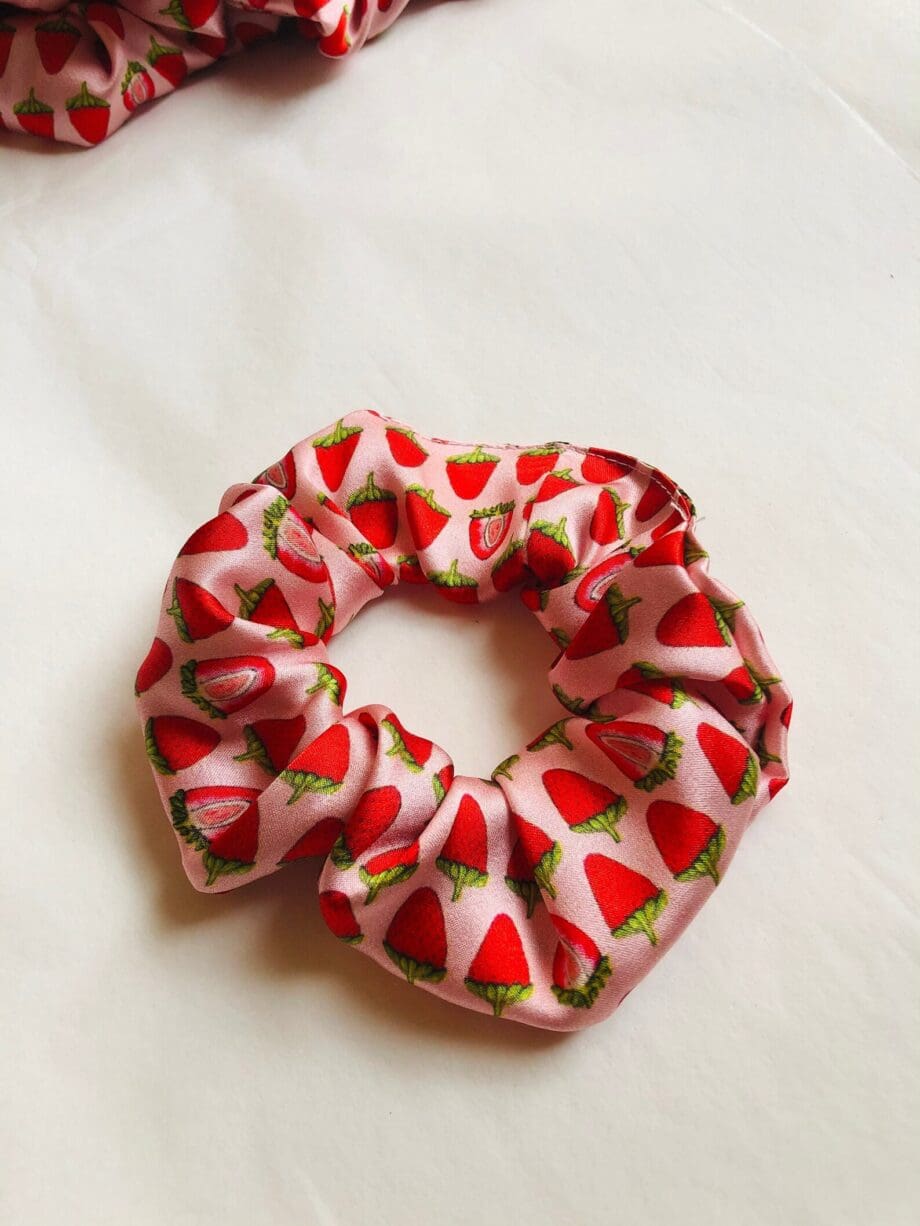 Pink silk strawberry printed scrunchie