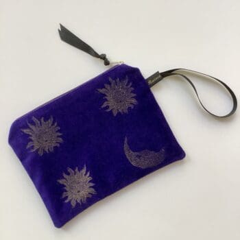 Luxury Purple Velvet Zip-Up Pouch with golden Sun and Moon hand printed design