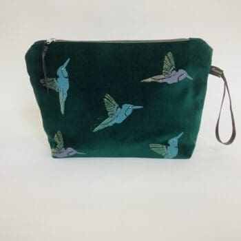 Luxury Green Hummingbirds Velvet Makeup Bag with blue and pink hummingbirds with golden shimmer wings