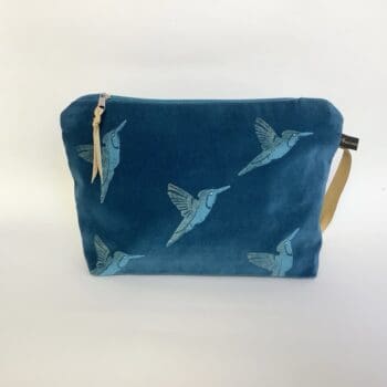 Luxury Teal Velvet Makeup Bag with Blue Hummingbirds hand printed design with golden shimmer on the wings