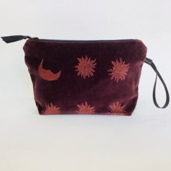 Luxury Chocolate Velvet Makeup Bag with copper hand printed Sun and Moon design