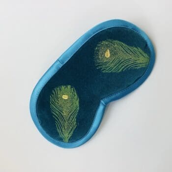 Teal Velvet Peacock Feathers Lavender Infused Eye Mask with hand printed yellow feathers with golden shimmer